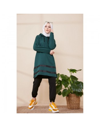Tunique à capuche et bandes noires pour femme (Nouvelle Collection) - Couleur vert émeraude 