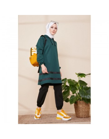 Tunique à capuche et bandes noires pour femme (Nouvelle Collection) - Couleur vert émeraude 
