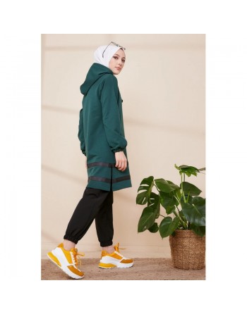 Tunique à capuche et bandes noires pour femme (Nouvelle Collection) - Couleur vert émeraude 