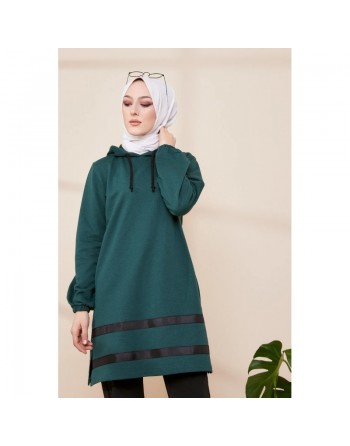 Tunique à capuche et bandes noires pour femme (Nouvelle Collection) - Couleur vert émeraude 
