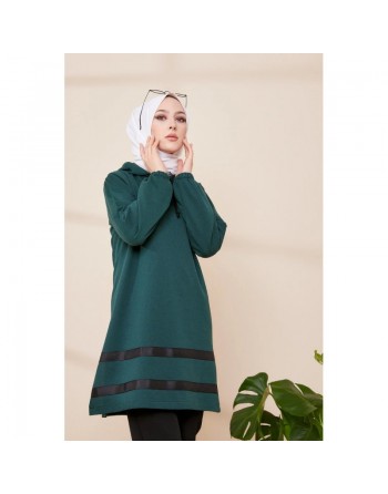 Tunique à capuche et bandes noires pour femme (Nouvelle Collection) - Couleur vert émeraude 