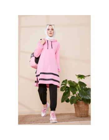 Tunique avec capuche et bandes noires pour femme (Vêtement hijab moderne - Collection) - Couleur rose clair 