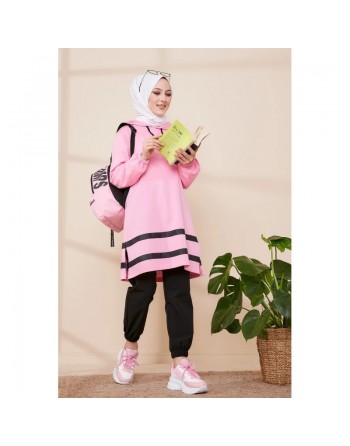 Tunique avec capuche et bandes noires pour femme (Vêtement hijab moderne - Collection) - Couleur rose clair 