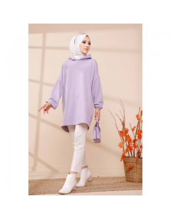 Sweat ample à capuche pour femme imprimé au dos "I am where are you?" (Tunique décontractée pour Hijab) - Couleur lilas 
