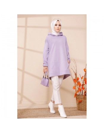 Sweat ample à capuche pour femme imprimé au dos "I am where are you?" (Tunique décontractée pour Hijab) - Couleur lilas 