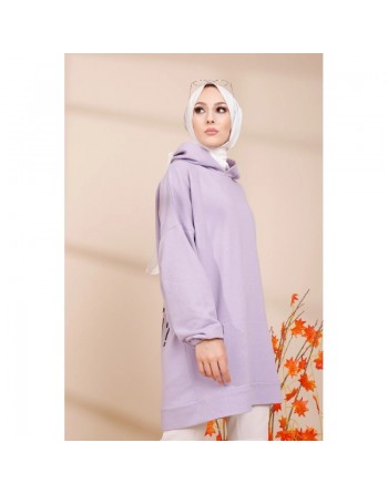 Sweat ample à capuche pour femme imprimé au dos "I am where are you?" (Tunique décontractée pour Hijab) - Couleur lilas 