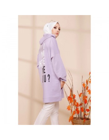 Sweat ample à capuche pour femme imprimé au dos "I am where are you?" (Tunique décontractée pour Hijab) - Couleur lilas 