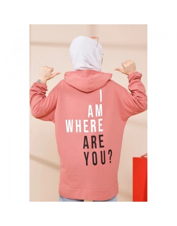 Sweat ample à capuche pour femme imprimé au dos "I am where are you?" (Tunique décontractée pour Hijab) - Couleur rose 