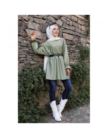 Tunique en skaï (simili cuir) pour femme (Tenue chic et moderne pour hijab) - Couleur kaki 