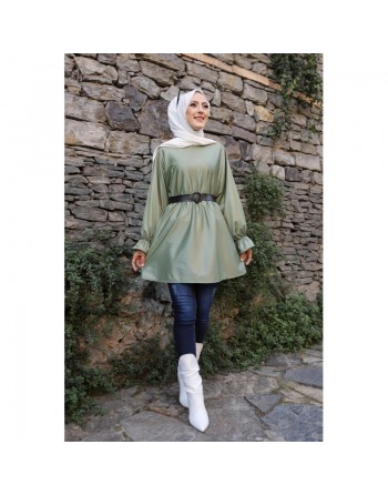 Tunique en skaï (simili cuir) pour femme (Tenue chic et moderne pour hijab) - Couleur kaki 