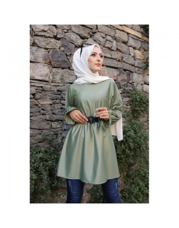 Tunique en skaï (simili cuir) pour femme (Tenue chic et moderne pour hijab) - Couleur kaki 