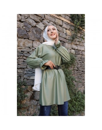 Tunique en skaï (simili cuir) pour femme (Tenue chic et moderne pour hijab) - Couleur kaki 