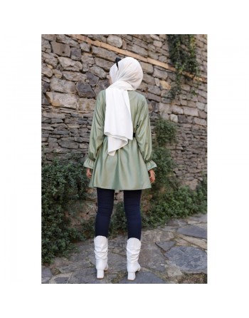 Tunique en skaï (simili cuir) pour femme (Tenue chic et moderne pour hijab) - Couleur kaki 