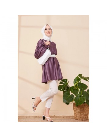 Tunique en skaï (simili cuir) pour femme (Vêtement chic pour hijab) - Couleur prune 