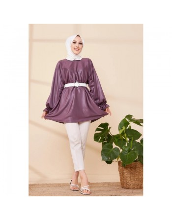 Tunique en skaï (simili cuir) pour femme (Vêtement chic pour hijab) - Couleur prune 