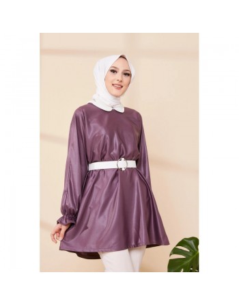 Tunique en skaï (simili cuir) pour femme (Vêtement chic pour hijab) - Couleur prune 