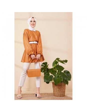 Tunique en skaï (simili cuir) pour femme (Tenue pour hijab) - Couleur bronze 