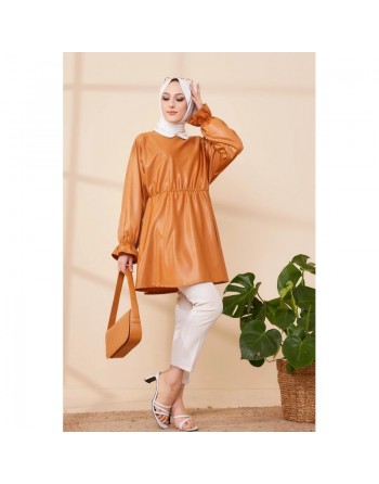 Tunique en skaï (simili cuir) pour femme (Tenue pour hijab) - Couleur bronze 