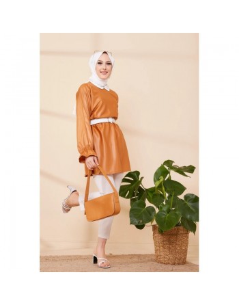 Tunique en skaï (simili cuir) pour femme (Tenue pour hijab) - Couleur bronze 