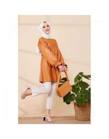 Tunique en skaï (simili cuir) pour femme (Tenue pour hijab) - Couleur bronze 