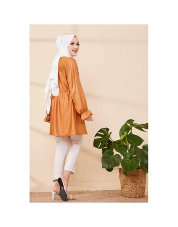 Tunique en skaï (simili cuir) pour femme (Tenue pour hijab) - Couleur bronze 