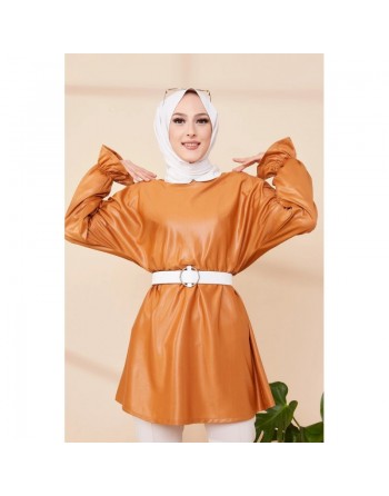 Tunique en skaï (simili cuir) pour femme (Tenue pour hijab) - Couleur bronze 