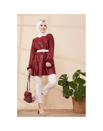 Tunique en skaï (simili cuir) pour femme (Vêtement chic et moderne pour hijab) - Couleur Bordeaux 