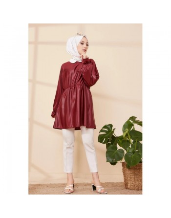Tunique en skaï (simili cuir) pour femme (Vêtement chic et moderne pour hijab) - Couleur Bordeaux 