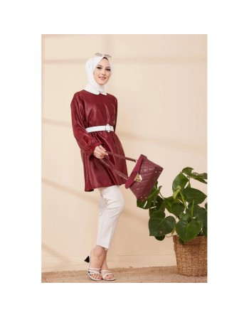 Tunique en skaï (simili cuir) pour femme (Vêtement chic et moderne pour hijab) - Couleur Bordeaux 