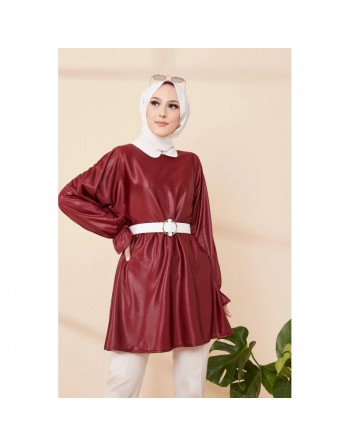 Tunique en skaï (simili cuir) pour femme (Vêtement chic et moderne pour hijab) - Couleur Bordeaux 