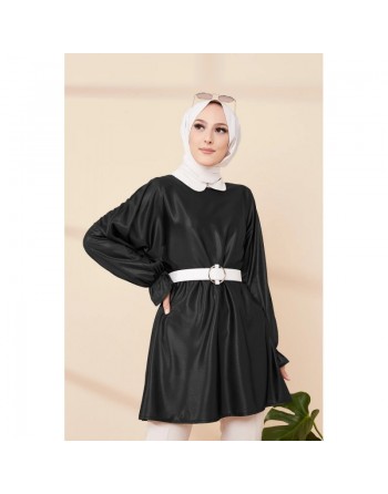 Tunique en skaï (simili cuir) pour femme (Vetement moderne pour hijab) - Couleur noir 
