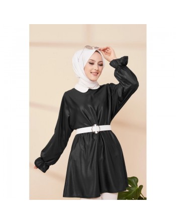 Tunique en skaï (simili cuir) pour femme (Vetement moderne pour hijab) - Couleur noir 
