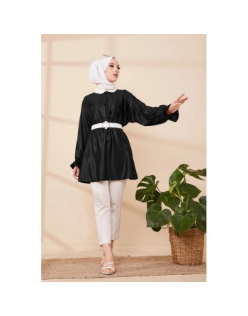 Tunique en skaï (simili cuir) pour femme (Vetement moderne pour hijab) - Couleur noir 