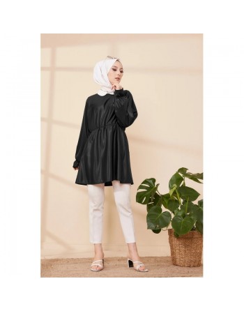 Tunique en skaï (simili cuir) pour femme (Vetement moderne pour hijab) - Couleur noir 