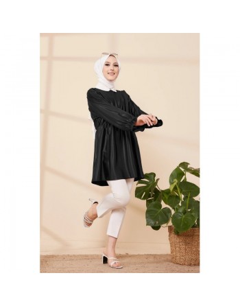 Tunique en skaï (simili cuir) pour femme (Vetement moderne pour hijab) - Couleur noir 