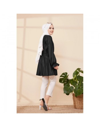Tunique en skaï (simili cuir) pour femme (Vetement moderne pour hijab) - Couleur noir 