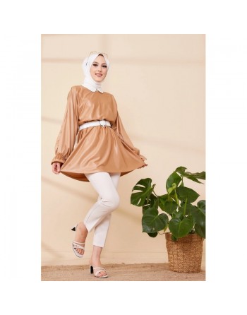 Tunique en skaï (simili cuir) pour femme (Vêtement chic et moderne pour hijab) - Couleur beige foncé 