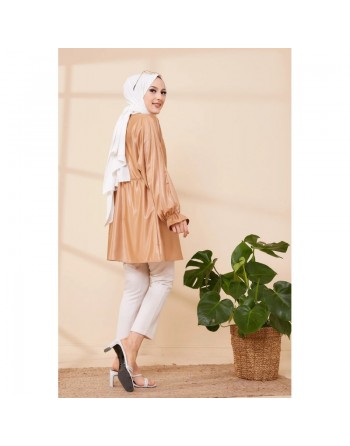 Tunique en skaï (simili cuir) pour femme (Vêtement chic et moderne pour hijab) - Couleur beige foncé 