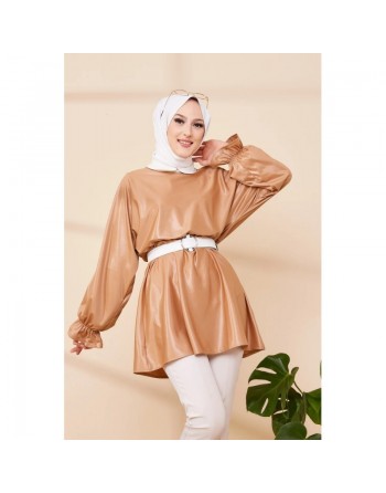 Tunique en skaï (simili cuir) pour femme (Vêtement chic et moderne pour hijab) - Couleur beige foncé 