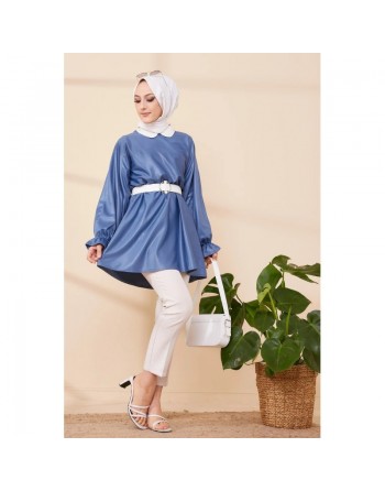 Tunique en skaï (simili cuir) pour femme (Vêtement hijab) - Couleur bleu indigo 