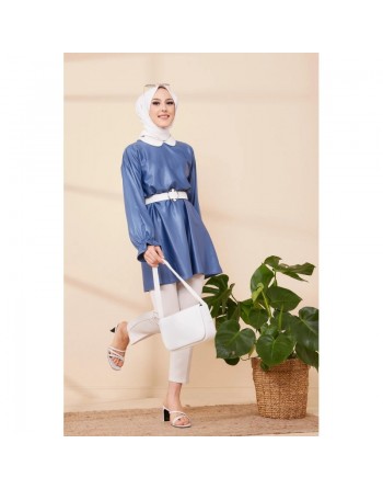 Tunique en skaï (simili cuir) pour femme (Vêtement hijab) - Couleur bleu indigo 