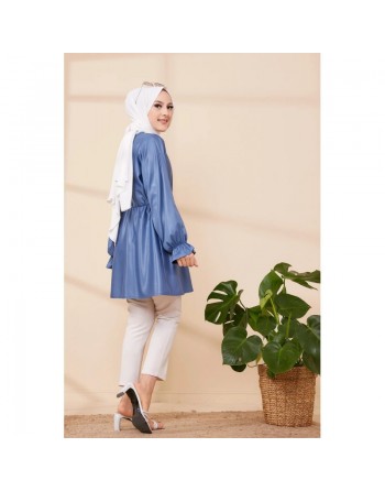 Tunique en skaï (simili cuir) pour femme (Vêtement hijab) - Couleur bleu indigo 