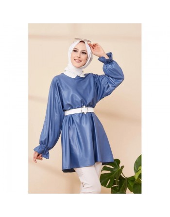 Tunique en skaï (simili cuir) pour femme (Vêtement hijab) - Couleur bleu indigo 