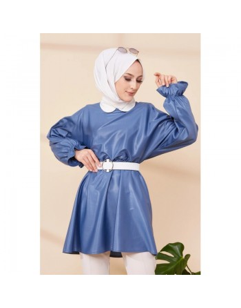 Tunique en skaï (simili cuir) pour femme (Vêtement hijab) - Couleur bleu indigo 