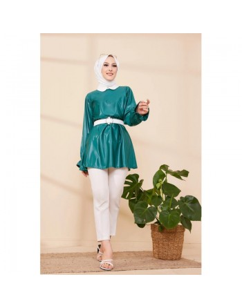 Tunique en skaï (simili cuir) pour femme (Tenue chic et moderne pour hijab) - Couleur vert émeraude 