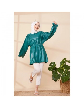 Tunique en skaï (simili cuir) pour femme (Tenue chic et moderne pour hijab) - Couleur vert émeraude 