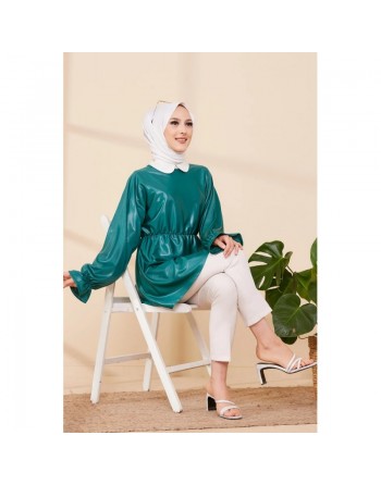 Tunique en skaï (simili cuir) pour femme (Tenue chic et moderne pour hijab) - Couleur vert émeraude 