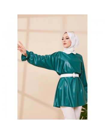 Tunique en skaï (simili cuir) pour femme (Tenue chic et moderne pour hijab) - Couleur vert émeraude 