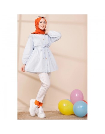 Tunique à rayures avec ceinture pour femme (Boutique Hijab en ligne - France) - Couleur bleu ciel 