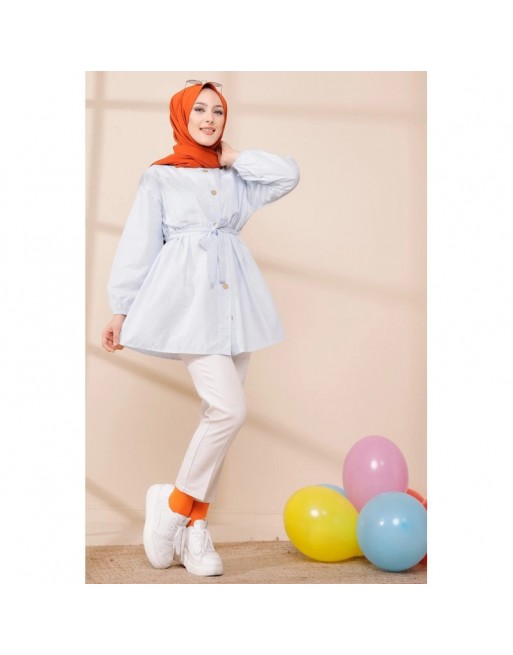 Tunique à rayures avec ceinture pour femme (Boutique Hijab en ligne - France) - Couleur bleu ciel Tunique à rayures avec ceinture pour femme (Boutique Hijab en ligne - France) - Couleur bleu ciel